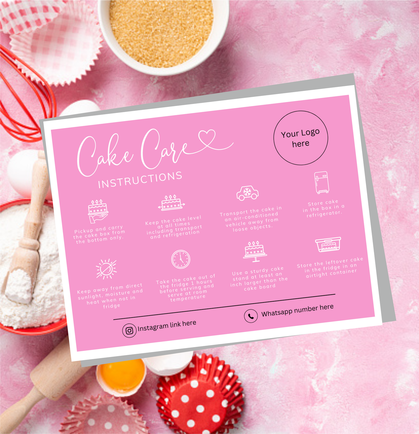 Cake Care Instructions Card Pink (Pack of 50)