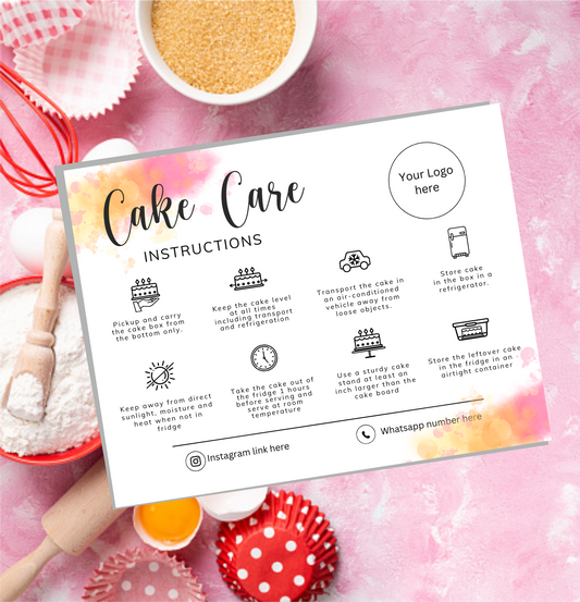 Cake Care Instructions Card with Watercolor Splash (Pack 0f 50)