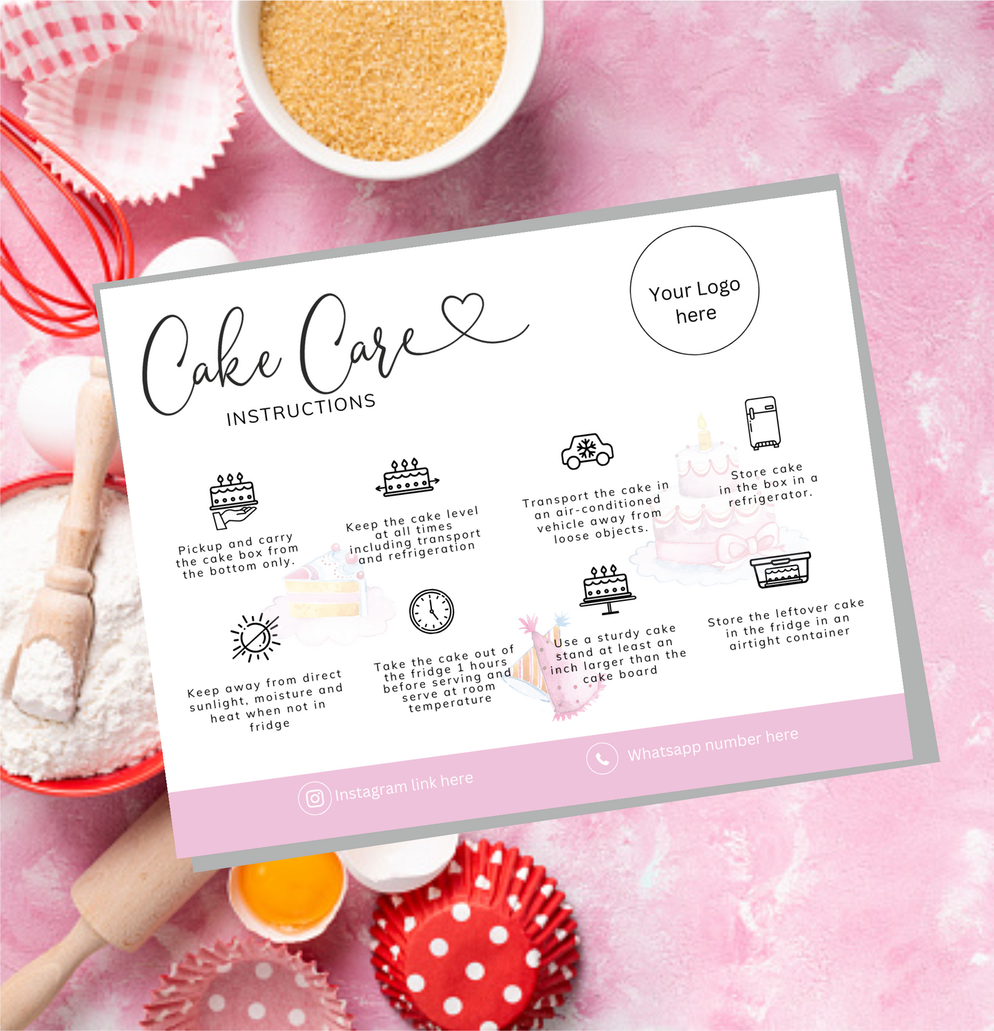 Cake Care Instructions Card with Bakery Images (Pack of 50)